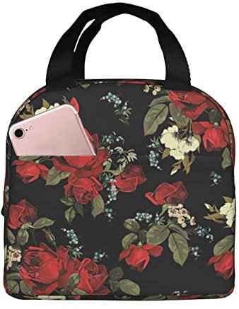 XVBCDFG Bolsa de almuerzo Rosa negra Hermosa aislada con compartimentos Reutilizable Impresiones lindas Asa de asa Caja de almuerzo portátil para mujeres Hom