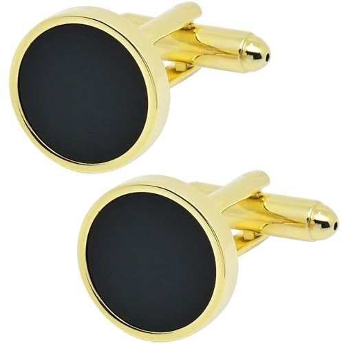 Jonwo 14K Gold Plated Round Mens Cufflinks with Black Agate In Gift Case