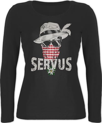 Langarmshirt Damen - Kompatibel mit Oktoberfest - Lausbua Totenkopf Bayrisch Lausbub Tracht - XL - Schwarz - Bayerisches Oberteil Frau bayrische Langarm trachtentshirts Trachten Shirt