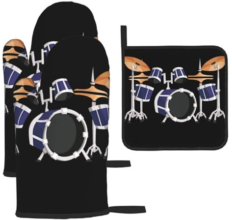 Jazz Drum - Set di guanti e presine antiscottatura, 3 pezzi, per cucina, cottura e grigliata, regalo di Natale per festa della mamma