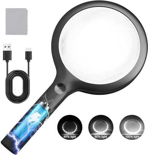 NUEYiO 15X Rechargeable Magnifier with Light, Handheld Magnifying Glass