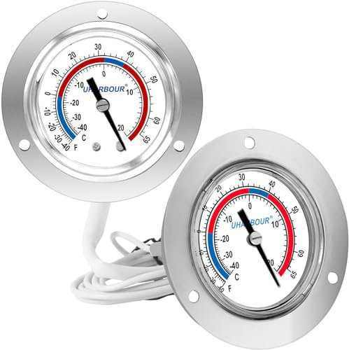 Uharbour Cooler Thermometer Commercial, Refrigerator Thermometer, Walk in Cooler Thermometer, Analog Panel Mount Thermometer, Range -40 to 65 ℉, 2 Dial Stainless Steel Flange(Pack of 2)