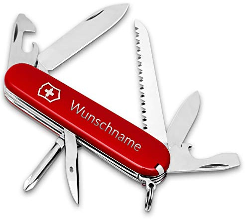 Victorinox Hiker Schweizer Taschenmesser personalisiert mit Namen/Multitool für Camping und Outdoor Swiss Knife / 13 Funktionen, Säge, Dosenöffner, Schraubendreher/Geschenke für Männer