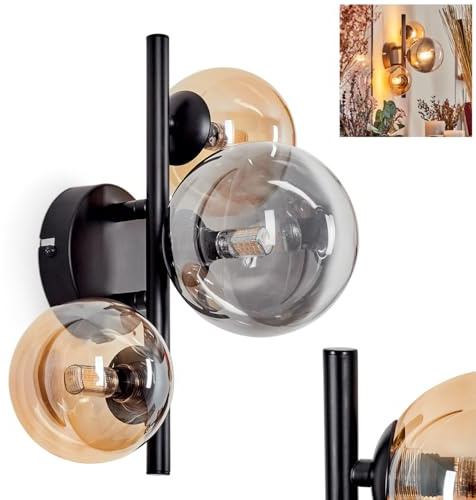 Wandleuchte Chehalis, Wandlampe aus Metall/Glas in Schwarz/Bernstein/Rauch, Leuchte im Retro/Vintage-Design mit Schirmen aus Glas (Ø 10, 12 cm) u. An/-Auschalter am Gehäuse, 3 x G9, ohne Leuchtmittel