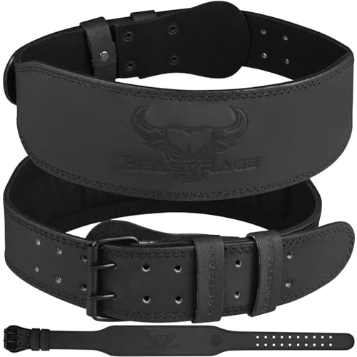 BEAST RAGE Gewichthebergürtel, Leder, strapazierfähig, Fitnessstudio, Bodybuilding, Workout, Training, Gewichthebergürtel, 10 verstellbare Löcher, 10,2 cm, gepolsterte (Tiefschwarz, M)