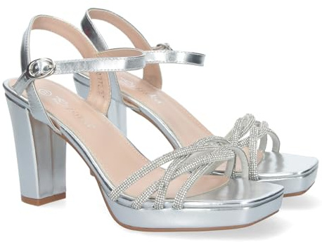 Sandales de soirée pour Femmes avec Talon, Ornements Scintillants, Fermeture à Boucle et Bout Ouvert, idéales pour Les événements. Argent Talla 40