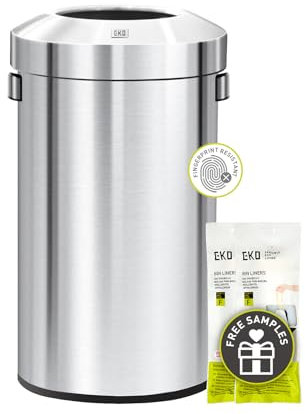 EKO 16-Gallon Round Stainless Steel Open Top Trash Can, Large Commercial Waste Bin with Detachable Lid and Carrying Handle, Brushed Metal Garbage Bin for Home, Office, Restaurant, Restroom