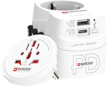 SKROSS - Pro Light AC45PD - Adattatore Universale da Viaggio da e per il Mondo Con 2 Prese USB Type A e Type C - Fast Charge da 45W - Tensione e Potenza : 100 V AC – 700 W / 250 V – 1750 W