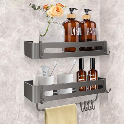 BELICOO Duschablage Ohne Bohren, 2 Stück Duschregal Badezimmer Regal, Raum Aluminium Shower Shelf mit 4 Beweglichen Haken, Dusche Halterung Duschablage mit Bohren