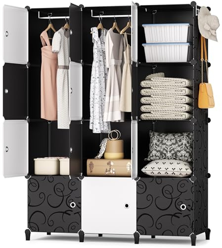 HOMIDEC Kleiderschrank, 12 Würfel Schrank aus Kunststoff, 146 x 107 x 45cm | Tragbarer Regalsystem, Kleiderschrank mit 2 Kleiderstange, Schlafzimmerschrank Kleiderschrank Schwarz Weiß für Schlafzimmer