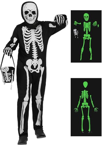 HarnyLoom Skelett Kostüm für Kinder Halloween, Glow in the Dark Skelett Kostüm Jungen Mädchen Jumpsuit Leuchtend Gruselige Knochen Halloween-Kostüme Fasching Cosplay Party (S)