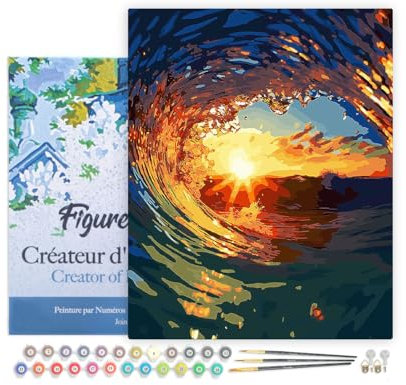 Figured'Art Peinture par Numéro Adulte avec Cadre Vague et coucher de soleil - Activité Manuelle Kit de Loisir Créatif DIY Numéro d'Art Complet - 40x50cm toile tendue sur châssis