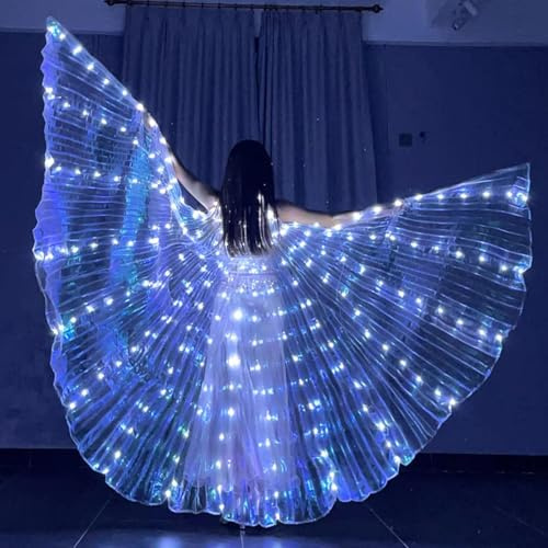 LED-vingar för vuxna, 360° med blinkande ljusläge, alltid på, regnbåge med teleskopstänger för halloween, karneval, maskeraddräkt, magdans, cosplay (vuxen vit)