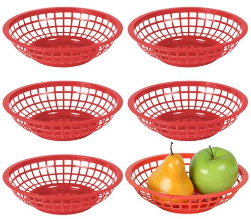 Pasdrucn 6 Pièces Paniers Rond En Plastique Pour Restauration Rapide, Barquette Frite, Porte Burger, à Pain Plastique Panier, Paniers De Service En Plastique Pour Frites, Sandwichs, Hamburgers (Rouge)