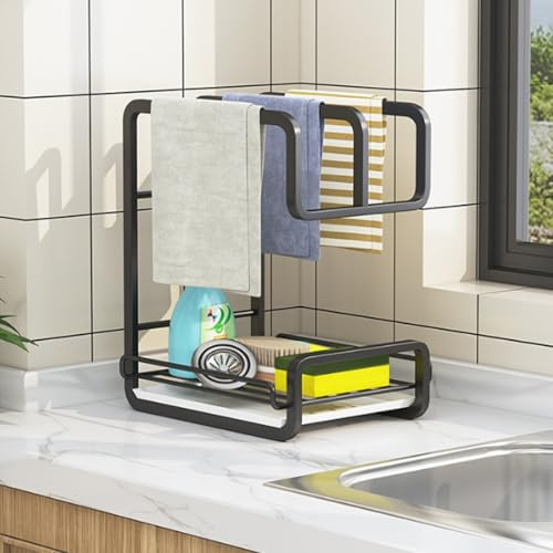 Sponge Holder with Drain Pan for Kitchen Sink Kitchen Rag Organizer and Drying Rack Rag Storage draining Rack Cloth Rack Kitchen Organizer for Sponge Dish Cloth Rag Brush Scrubber Storage(Black)