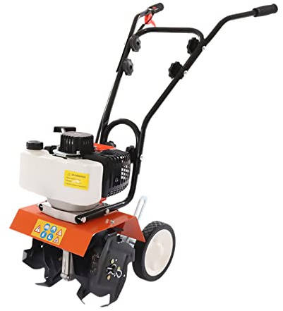 1,25 KW trädgårdsfräs bensin motorhacka odling, 43 CC tvåtakts trädgårdshackning en cylinder luftkyld med 25 cm arbetsbredd och 10 cm arbetsdjup, jordfräs för plöjning, vändning, ogräs