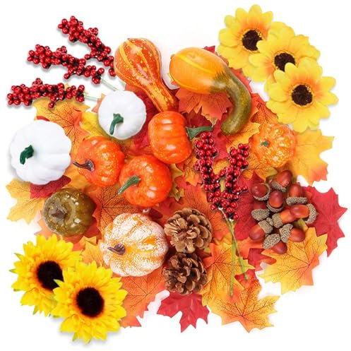 Herbstdeko Künstliche Kürbisse Set, 96 Stück Herbst Deko Seidenahornblatt Eicheln Tannenzapfen Kürbis Deko Künstliche Ahornblätter Set für Herbst Dekoration Thanksgiving Halloween Party Dekoration (A)