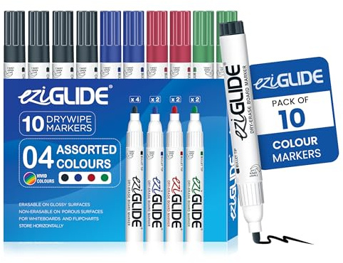 Eziglide 10-Pack Whiteboard Pens, Assorted Dry Wipe Markers Bullet Tip | Quick-Dry, Smudge-Free Ink in Black, Blue, Red & Green, Ideal for Whiteboards, Classrooms, Flipcharts, School & Office Use