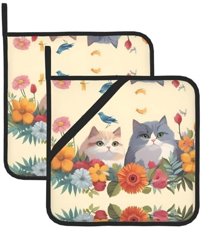 WHJYYXDE Set di 2 presine da cucina, 20,3 x 20,3 cm, isolamento termico, tessuto impermeabile, stampa divertente con gatti, uccelli e fiori