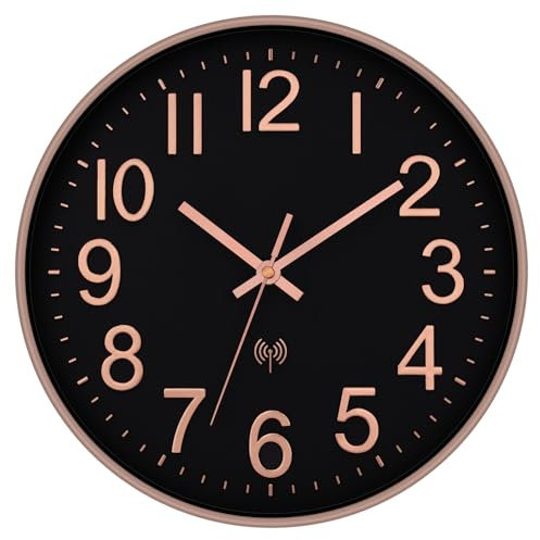 Foxtop Horloge Murale Radio Pilotée Silencieuse Analogique 30 cm sans Tic-Tac pour Cuisine, Salon, Chambre, Salle de Bain, Bureau -Noir/Rose (Noir/Rose)