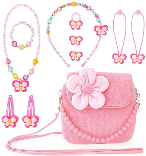 Sac a Main Bijoux Enfants Fille, Pinces à Cheveux Set Arc-en-Ciel Collier Bracelet Boucle d'oreille Bagues, Floral Sac en Peluche Belle Princesse Cadeaux de fête pour Les Petites Filles Habillage