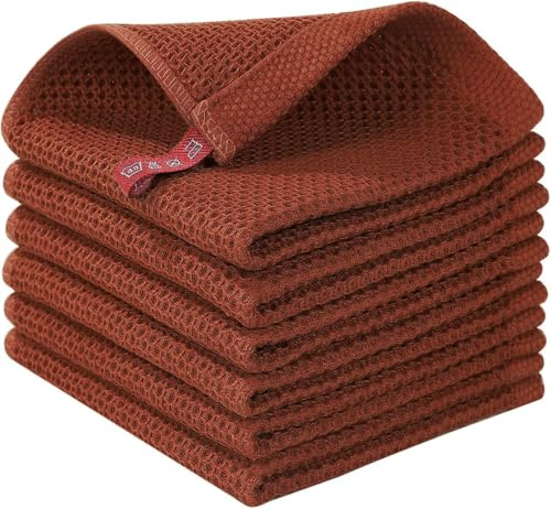 Moosfor 100% Cotton Tea Towels 6 Pk 30 x 30 cm Dish Cloths Brick Red | Highly Absorbent Soft, Quick Drying, Lint-Free, Grease Removing, Gentle on Cookware, Great for Dishes, Sink & Dining Table