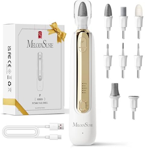MelodySusie ponceuse pour ongles PC760G , Kit Manucure Pédicure avec 8 Embouts & Lumière LED 360°, 5 Vitesses Réglables, Rechargeable Sans Fil pour Soins à Domicile (Blanc&Or)