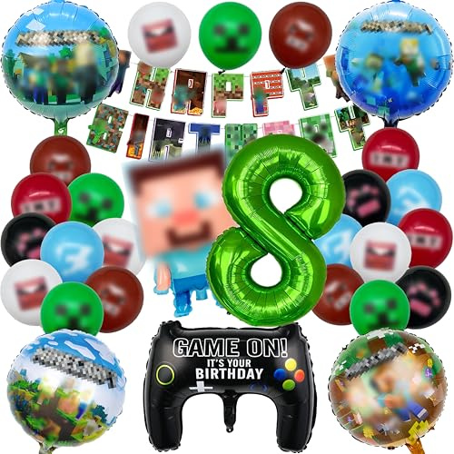 IRONIUM 26 Stück Pixe Geburtstagsdeko 8 Jahre Junge, Videospiel Luftballons Geburtstag Party Set, Video Game Player Party Deko Ballons Set für Kinder (8)