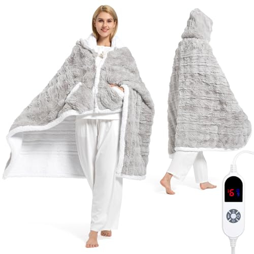 Wearable Heated Blanket Hoodie, Luxury Faux Fur & Sherpa Electric Throw Blanket, Heated Shawl Wraps Poncho with Pockets for Women Men, 3 Heat Levels & 12H Timer, ETL & FCC Certified 40x70 Light Grey