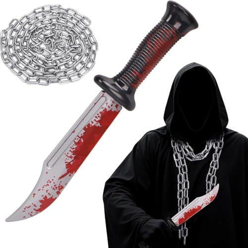 Blutiges Messer mit Kette Set - Scream Messer Halloween 34 cm Plastik Ghostface Halloween Zubehör Kostüm Horror Fake Waffe mit Blut,Plastikmesser Scherzartikel Accessoires für Erwachsene Kinder(B)