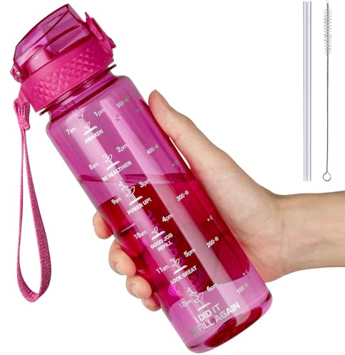 GOPPUS 500ml/17oz Kids Water Bottles with Straw Tritan Childrens Bottle with Flip Top Lid BPA Free Measured Drinks Bottle with Strap Sports Reusable Time Markings Leakproof (Transparent Rose Red)