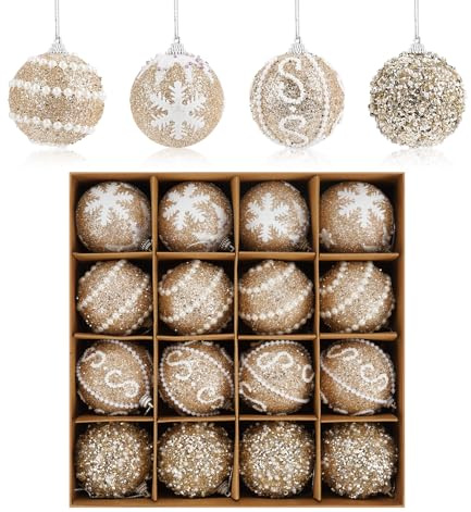 Gold Christmas Baubles 6cm, 16 Pcs Christmas Tree Decorations, Hanging Ornaments for the Home Tree Party, Champagne Xmas Bauble Glitter Foam Balls Shatterproof