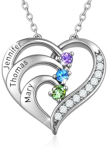 Personalised Birthstone Name Necklace for Women – Custom Sterling Silver Heart Pendant with 1-4 Names,Valentine's Day Christmas Mothers Day Gifts for Mum Wife Grils (3 Name&Stone, Silver)