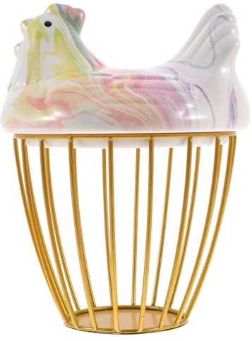 MUELODSIC Ceramic Hen Shape Egg Basket Kitchen Storage Basket with Metal Frame Creative Hand-painted Design Compact for Fresh Eggs and Fruit Random Color Random Color