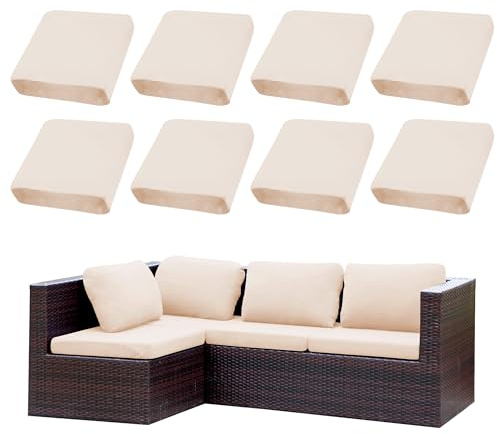 SUKAIKEQA Ensemble de 8 Housses de Coussins pour terrasse|Housses pour canapés d'extérieur|Housses Extensibles pour Coussins de canapé|Protections pour Meubles lavables et réutilisables (1, Beige)