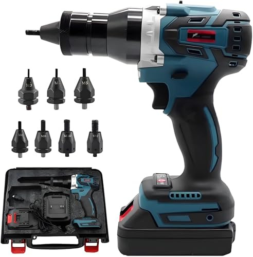 Juego de remachadora inalámbrica, remachadora automática portátil con cabezales M3/M4/M5/M6/M8/M10/M12, herramienta de instalación de remaches pop con batería de 5200 mAh(1x5200mah)