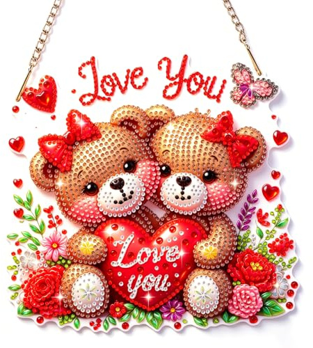 Bowetile Diamond Painting Anhänger Bär, Osterbär Diamant Painting Fensterbilder Valentinstag Erwachsene, Kinder Hängende Ornament Kreatives Basteln Fenster Garten, Decor Geschenk
