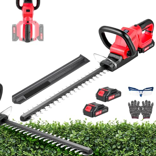 Akku-Heckenschere 50cm, 20 Zoll Heckenschere Elektrisch mit 2x3,0Ah Akkus, SK5 Doppelseitige Klinge, 15mm Zahnabstand, LCD Display, 180° drehbarer Griff für Garten und Hecken