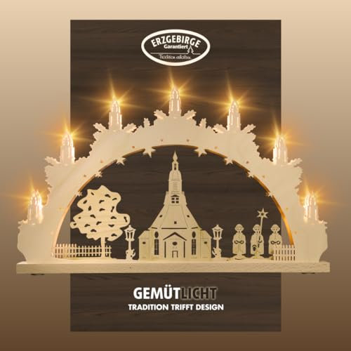 weigla - Schwibbogen original Erzgebirge I LED Lichterbogen Weihnachten I Motiv Seiffener Kirche I 7 Lampenkerzen + 1 Ersatzlampe I 7 x 34 V, 0,2 W, E10 I beleuchtete Weihnachtsdeko
