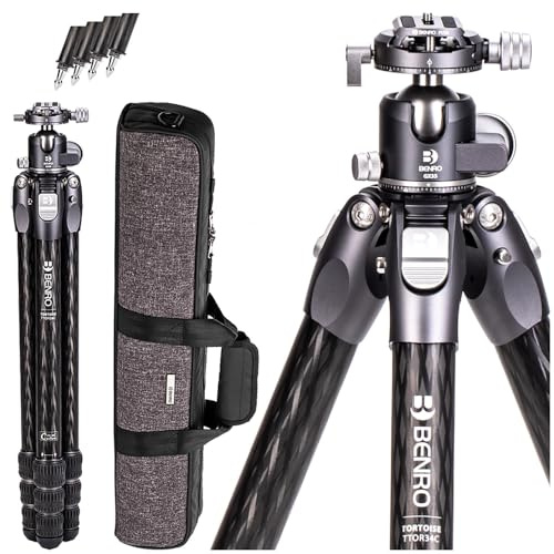 Benro Tortoise 3 Series Carbon Fiber Tripod Kit – 4-Section Columnless Tripod with GX35 Dual-Pan Ball Head, Arca-Swiss Plate & 39.7 lb Load Capacity for DSLR, Mirrorless & Video Cameras (TTOR34CGX35)