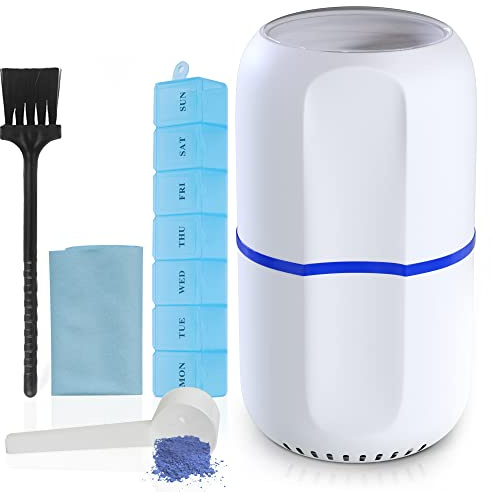 Electric Pill Crusher Grinder - Fine Powder Electronic Pulverizer for Small & Large Medication & Vitamin Tablets - Comes with Pill Organizer, Brush, Spoon, Cloth & Stainless Steel Blades by Pill Mill
