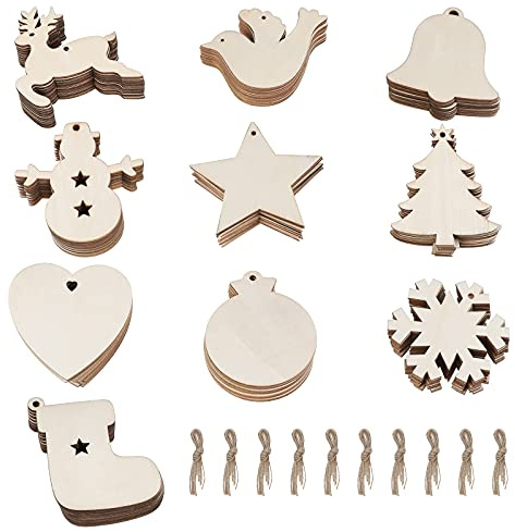 HonGien 100 Stück Unvollendete Holz Weihnachten Dekorationen, Weihnachtsanhänger DIY, Weihnachtsdekoration Holz Scheiben mit Jutefäden zum Bemalen und Verzieren DIY(10 Formen)