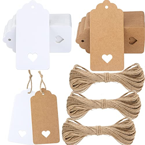 200 pezzi Etichette Regalo in Carta Kraft Marrone Bianche 9,5x4,5cm con Spago di Iuta, per Bomboniere San Valentino Artigianato