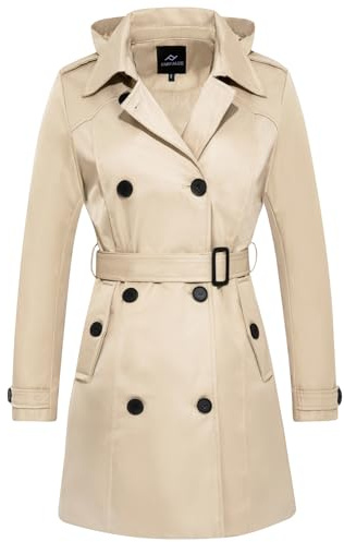 FARVALUE Women's Waterproof Trench Coat Double Breasted Windbreaker Classic Belted Lapel Overcoat with Removable Hood Khaki Medium