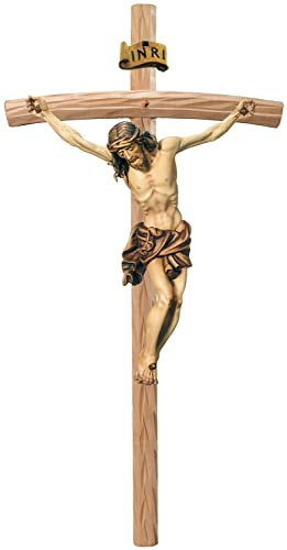 JS Garten Deko Heiligenfigur Kruzifix Jesus am Kreuz Raffaello H 15/30 cm Statue Ahorn- und Lindenholz Holzfigur Dolfi
