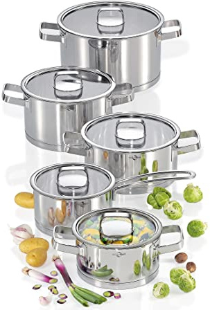 KÜCHENPROFI SAN REMO Topfset 5-tlg., Edelstahl, Glasdeckel, Induktion | Kochtöpfe mit Glasdeckeln, Bratentopf, Stielkasserolle, robuster Mehrschichtboden, praktische Innenskala, Induktionsgeeignet