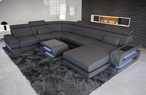 XXL Sofa Bologna Wohnlandschaft in Leder mit USB-Anschluss Beleuchtung Stauraum Ledersofa mit Kopfstützen im modernen Design (Ottomane rechts (auf Sofa blickend), Grau-Schwarz)
