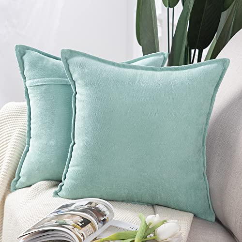 MADIZZ 2er Set kurzen Chenille Zierkissenbezüge weicher dekorativer Kissenbezug für Sofa, Schlafzimmer Kissenhülle Hellblaugrün 40x40 cm Quadrat