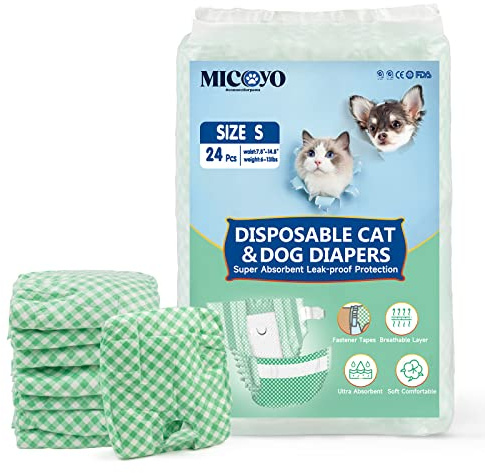 MICOOYO Engångsblöjor för valp och katt, superabsorberande husdjursblöjor för små katter, kvinnliga hundar, engångs kattblöjbyxor för kvinnor i värme (S, 24-pack)