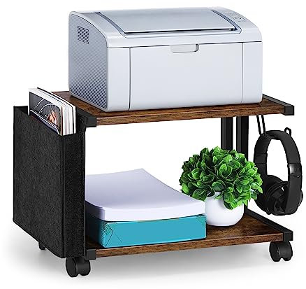 UOMIO Druckertisch mit Rollen, Druckerwagen aus Holz, 2 Ebenen Druckerständer mit Aufbewahrungsbeutel, Beistelltisch Regal für Drucker Fax Kopierer Scanner, 44 x 28 x 28cm